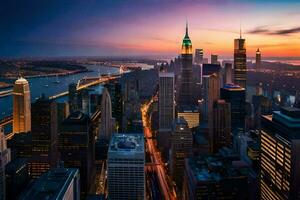 el ciudad horizonte a puesta de sol en nuevo york generado por ai foto