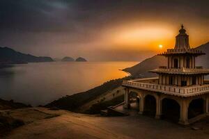 a small temple sits on top of a hill overlooking the ocean. AI-Generated photo