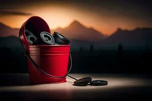 a red bucket with headphones and a mountain in the background. AI-Generated photo