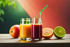 two glasses of juice with oranges and oranges. AI-Generated photo