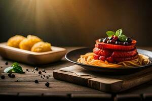 a plate of spaghetti with tomatoes and basil. AI-Generated photo