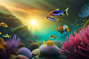 fish swimming in the ocean with coral reefs and sun. AI-Generated photo