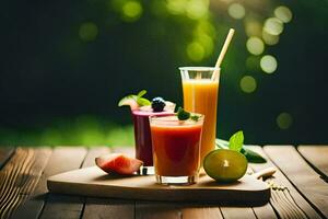 juice on a wooden table with a green background. AI-Generated photo