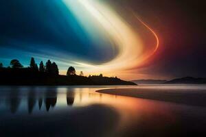a colorful light is reflected in the water. AI-Generated photo