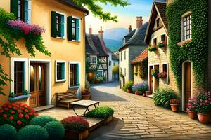 un ilustración de un calle en un aldea. generado por ai foto