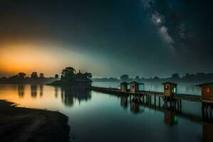 foto fondo de pantalla el cielo, el agua, el muelle, el casa, el lago, el cielo. generado por ai