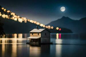a small house sits on the water at night. AI-Generated photo