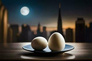 two eggs on a plate with a city in the background. AI-Generated photo