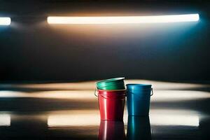three colorful buckets sit on a dark floor. AI-Generated photo