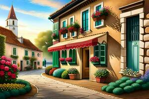 a painting of a street with flowers and flowers. AI-Generated photo