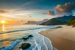 the sun sets on the beach in the background. AI-Generated photo