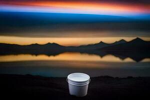 a cup sitting on the ground in front of a lake. AI-Generated photo