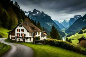 a road leading to a house in the mountains. AI-Generated photo