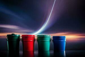 three colorful buckets with a light trail in the background. AI-Generated photo