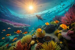 un hombre nada en el Oceano con coral arrecifes y pez. generado por ai foto