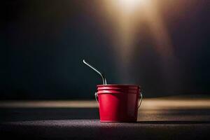 un rojo Cubeta con un cuchara sentado en el piso. generado por ai foto