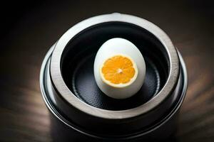 an egg in a cup with an orange slice. AI-Generated photo