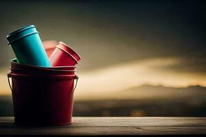 three red and blue buckets sitting on a wooden table. AI-Generated photo