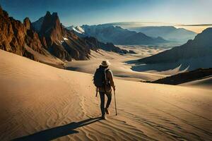 a person walking through the desert with a backpack. AI-Generated photo