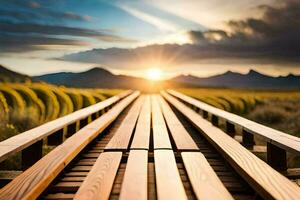 a wooden bridge leads to the sun. AI-Generated photo