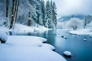 a river in the snow with trees and snow. AI-Generated photo