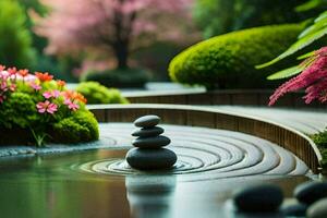 a zen garden with stones and water. AI-Generated photo