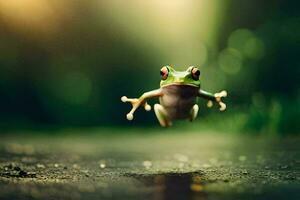 a frog jumping in the air on a wet road. AI-Generated photo