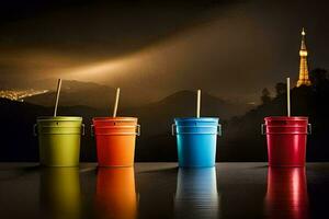 four colorful buckets with straws on a table with a city in the background. AI-Generated photo