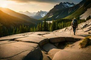 un caminante camina a lo largo un rocoso sendero en el montañas. generado por ai foto