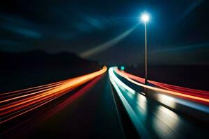 un largo exposición fotografía de un calle ligero y coche luces. generado por ai foto