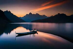 a boat sits on the water at sunset with mountains in the background. AI-Generated photo
