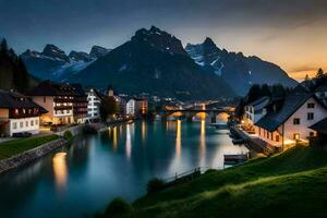 photo wallpaper the sky, mountains, water, river, town, switzerland, alps,. AI-Generated