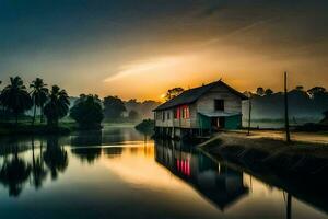 a house sits on the edge of a river at sunset. AI-Generated photo