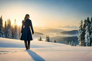 un mujer en un azul Saco soportes en un Nevado colina. generado por ai foto