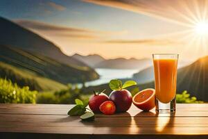 a glass of orange juice and fruit on a table with mountains in the background. AI-Generated photo