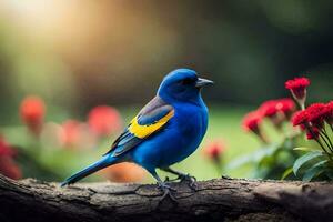 a blue bird with yellow and blue feathers sits on a branch. AI-Generated photo