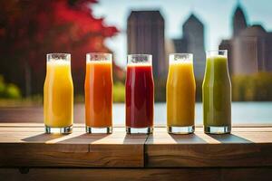 five different juices are lined up on a table. AI-Generated photo