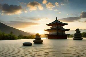 a pagoda and rocks in the sun. AI-Generated photo