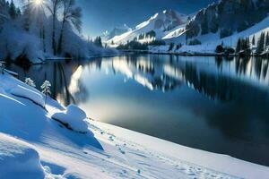 nieve cubierto montañas y un lago en el invierno. generado por ai foto