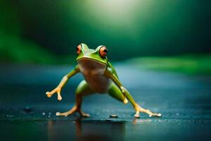 a frog is standing on its hind legs on a wet surface. AI-Generated photo