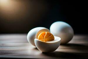 an egg is cut in half and two halves are on a table. AI-Generated photo