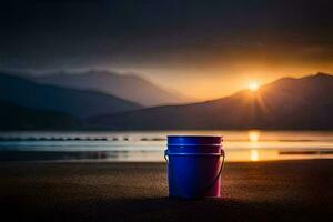 a blue bucket sits on the beach at sunset. AI-Generated photo