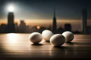 eggs on a table with a city in the background. AI-Generated photo