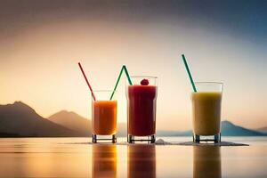 three glasses of juice on the beach with mountains in the background. AI-Generated photo