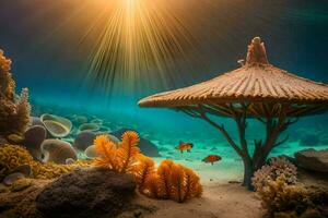 an underwater scene with corals and an umbrella. AI-Generated photo