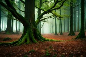 a green forest with trees and a foggy ground. AI-Generated photo