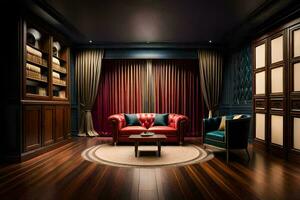 un habitación con un rojo sofá y de madera pisos generado por ai foto