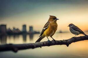 dos aves encaramado en un rama cerca agua. generado por ai foto