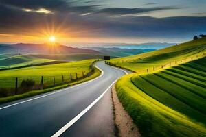 el Dom sube terminado un la carretera en el campo. generado por ai foto