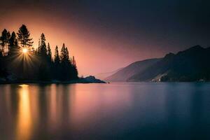 the sun is setting over a lake and trees. AI-Generated photo